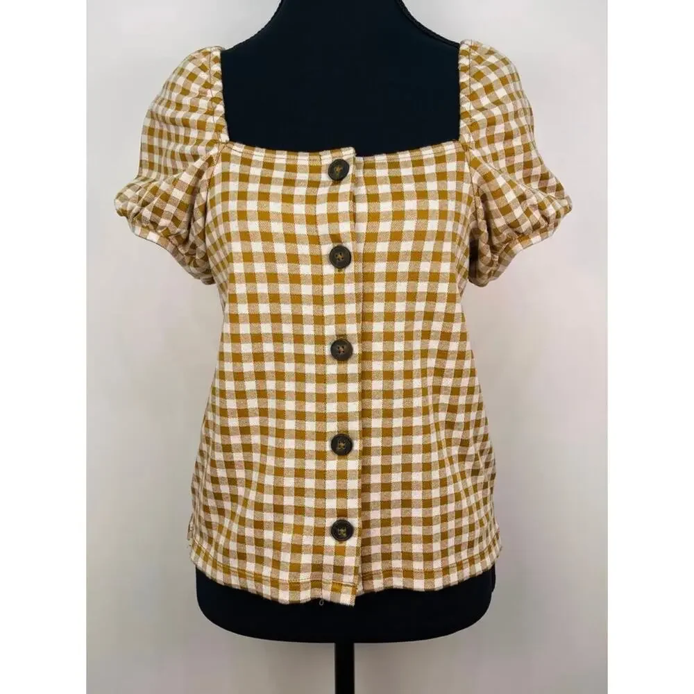 Madewell Brown Gingham Puff Sleeve Button Front Blouse Size XS Cottagecore